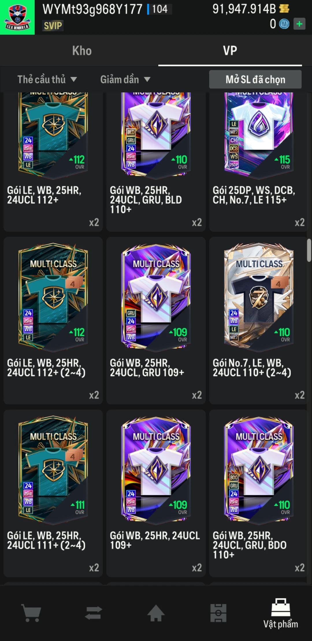 Ảnh ACC mở thẻ (LOẠI SUPER VIP) bao gồm có hơn 900+ đến 1100+ thẻ cầu thủ từ Siêu sao đến Miền núi các loại (ngẫu nhiên có: 01 thẻ +12 và 03 thẻ PRIME QH, XS, CP...) Acc có sẵn BP trắng từ 80.000 tỷ BP đến 120.000 tỷ BP kèm theo nhiều ngày SVIP